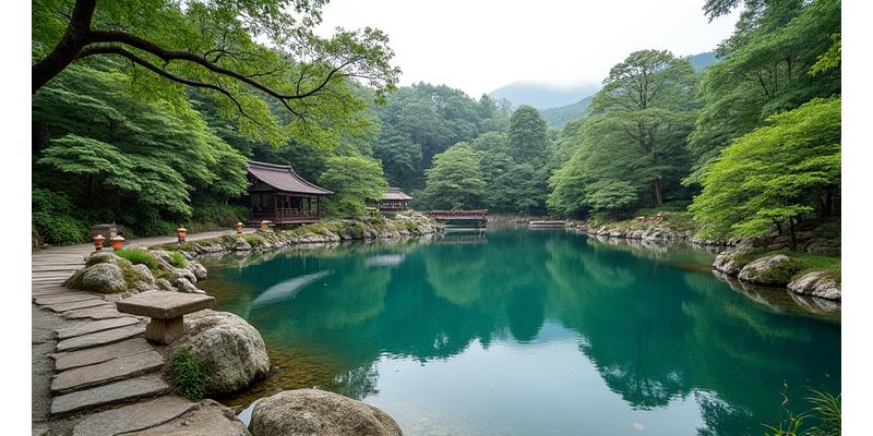 伝統的な池泉回遊式庭園の美しい全景
