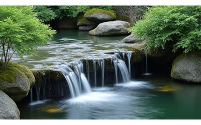 穏やかな水音が響く、苔と石で構成された静かな滝の造形