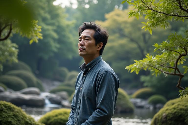 Kaiyo Niwaの創設者である海洋庭園デザイナーが、波のような苔の流れと石組みの庭園に囲まれ、瞑想的な表情で立っている。静かで穏やかな雰囲気。