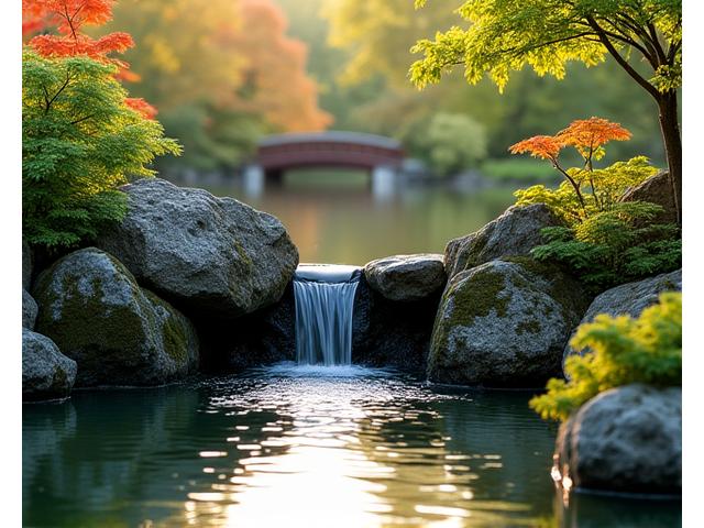 流れ落ちる滝のある庭園