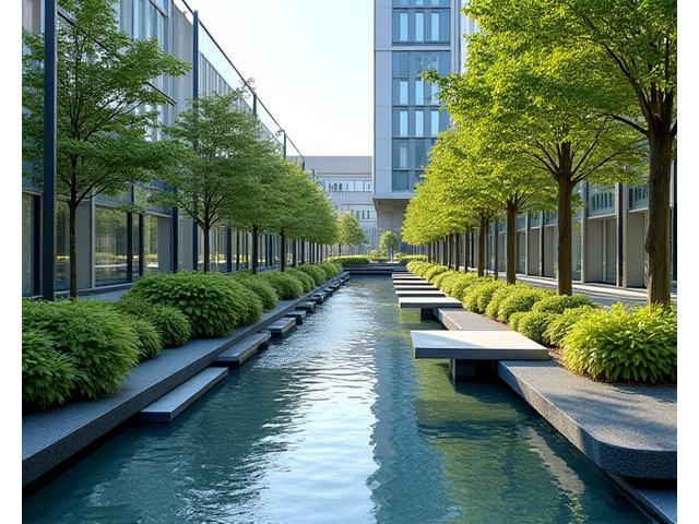 商業施設のエントランスにある、流れる水と現代的な植栽が調和した庭園