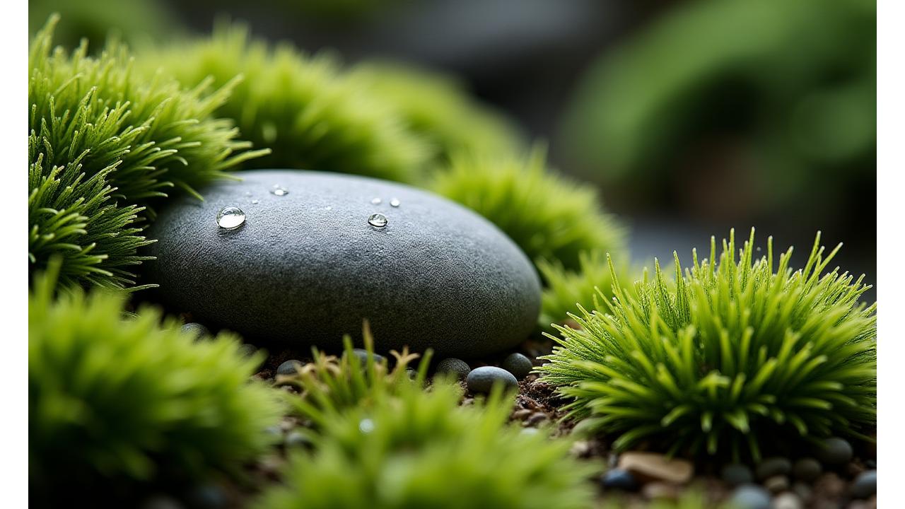 茶庭の苔と石のクローズアップ